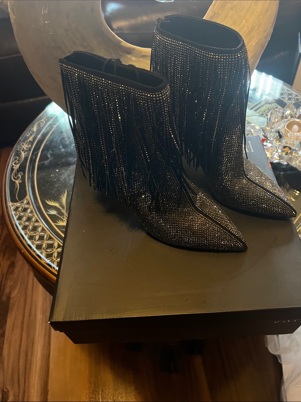 INC International Concepts Black Rhinestone Fringe Pointed-Toe Ankle Boots